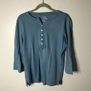 Ll bean 3/4 sleeve button neck shirt, blue, size M